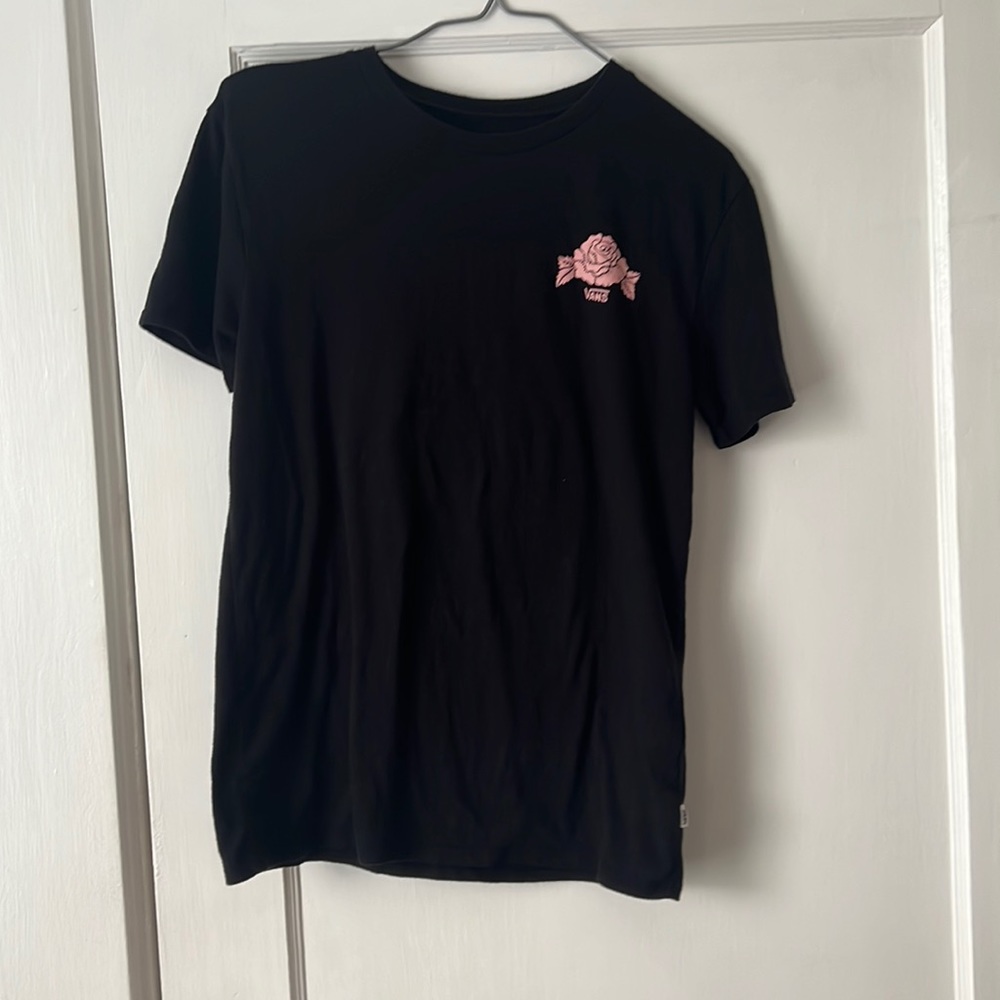 Vans women's black T-shirt with pink rose in size extra small